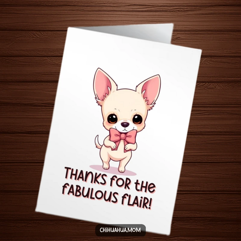 Funny Free Printable Thank You Card: Chihuahua prancing with a giant bow, cute and humorous gratitude.