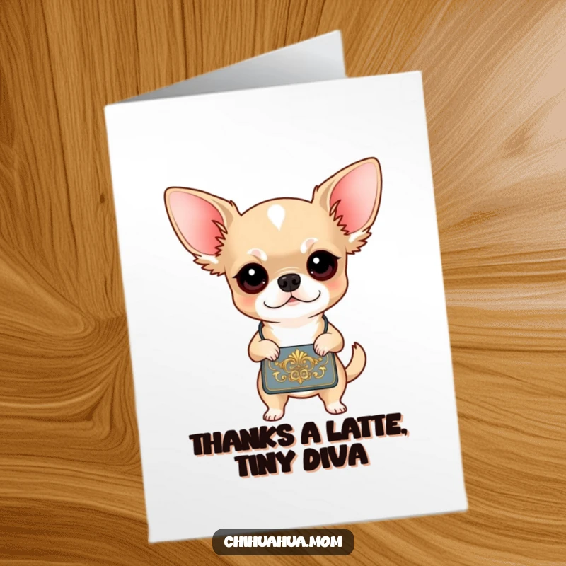 Funny free printable thank you card: A determined chihuahua in a chic handbag, offering thanks with flair.