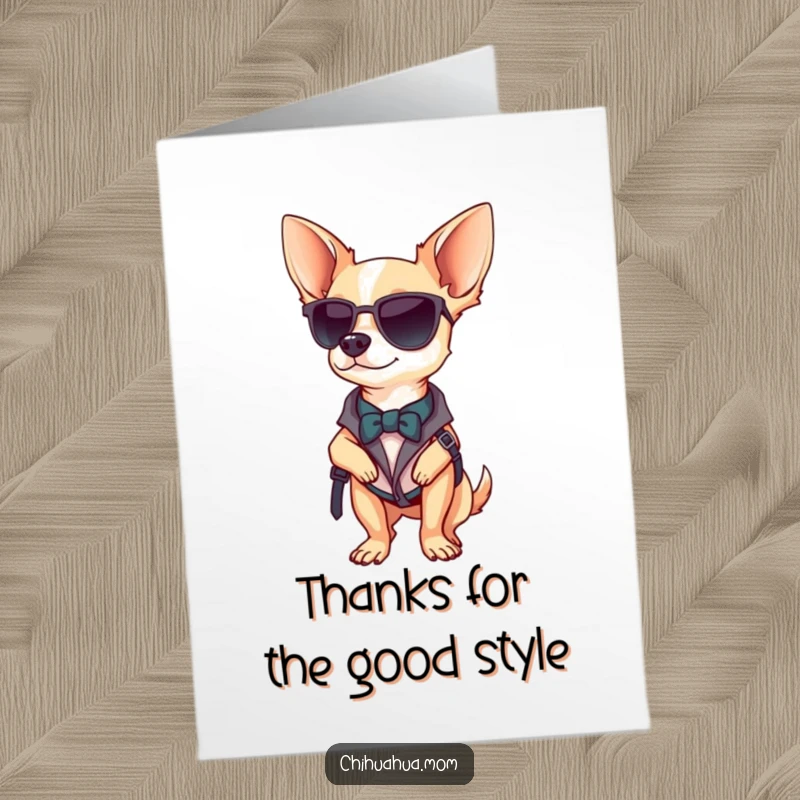 Funny Free Printable Thank You Card: A fashionable chihuahua poses confidently, showcasing a stylish accessory.