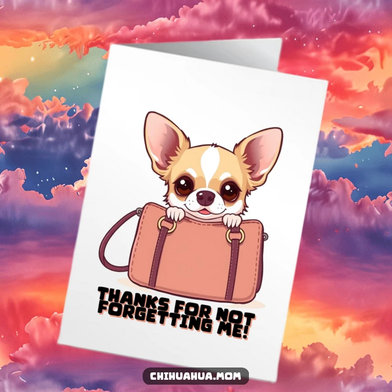 Funny Free Printable Thank You Card: Startled chihuahua peering out from a designer purse, expressing thanks with a comical twist.