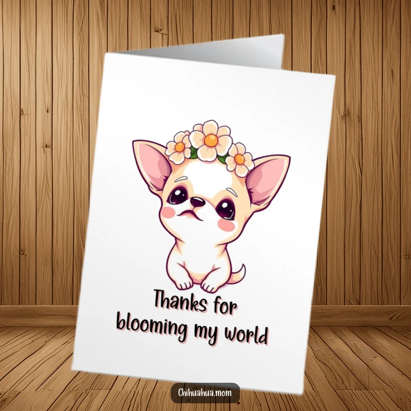 Funny Free Printable Thank You Card of a chihuahua with a flower crown looking upwards, conveying thanks with gentle, floral grace.