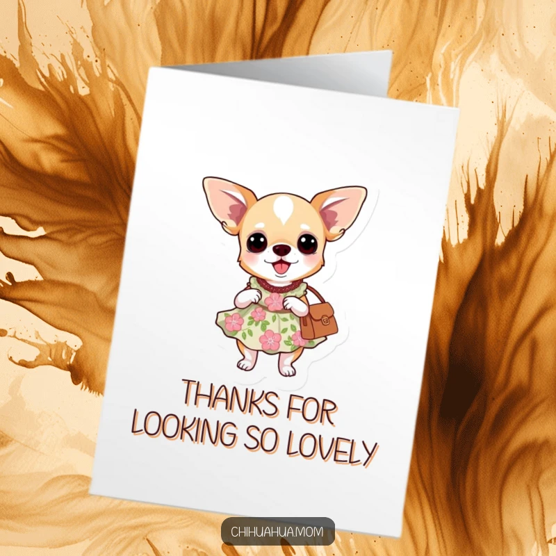 Funny Free Printable Thank You Card: A chihuahua posing prettily in a floral dress, holding a fashionable purse.
