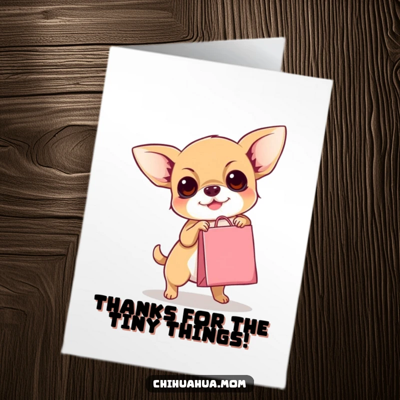 Funny Free Printable Thank You Card: Chihuahua carrying a tiny shopping bag, cute and humorous gratitude.