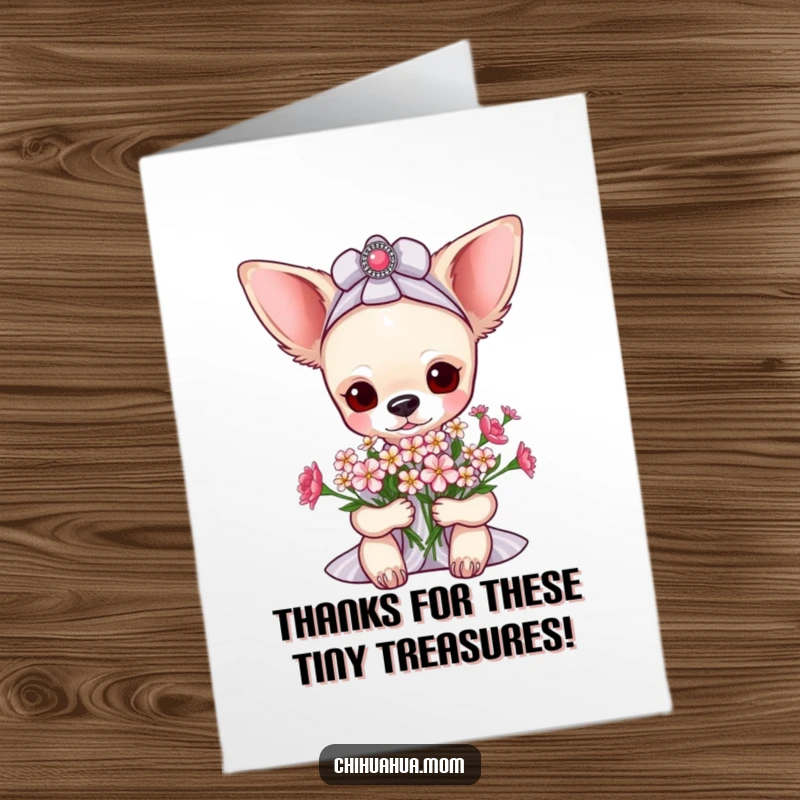 Funny Free Printable Thank You Card: A pampered chihuahua receives a charming bouquet of petite flowers with joy.