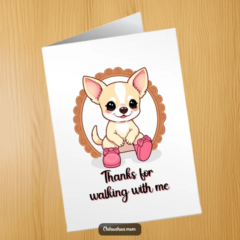 Funny Free Printable Thank You Card: Kawaii Chihuahua lady humorously attempting to wear doll shoes, a delightful thank you gesture.