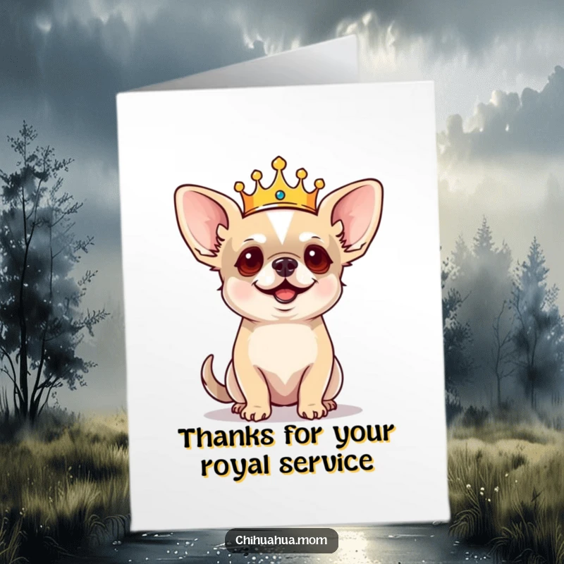 Funny Free Printable Thank You Card: Tiny Chihuahua in Crown Barks Commands, Regal Dog Appreciation Art