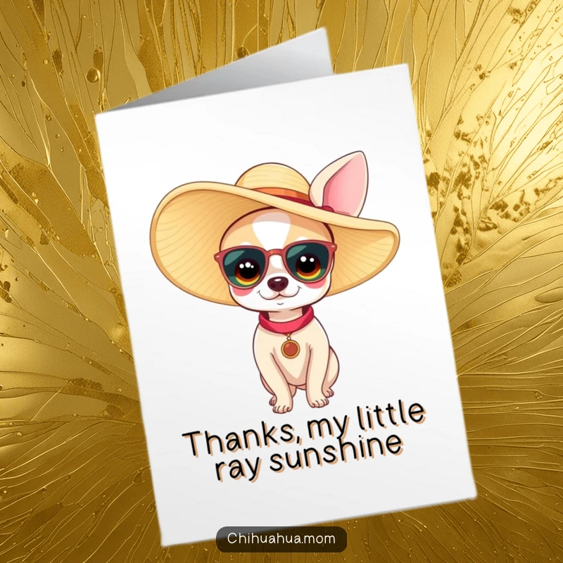 Funny free printable thank you card: a tiny chihuahua woman poses elegantly under a large sun hat.