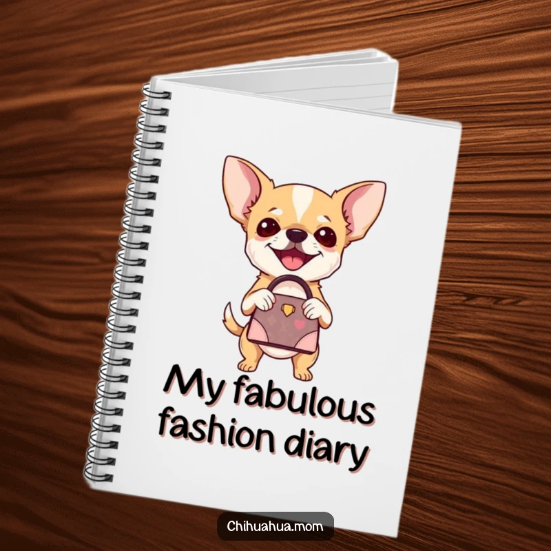 Funny Chihuahua Notebook: A chihuahua joyfully holding a miniature designer handbag, ready to jot down notes. A great funny gift.