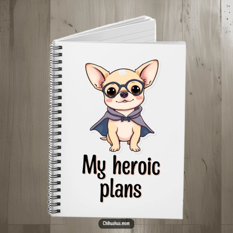 Funny Chihuahua Notebook: A chihuahua wearing a superhero cape, ready to jot down heroic ideas and plans with a determined spirit.