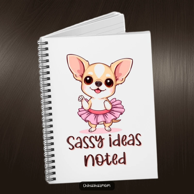Funny chihuahua tutu notebook. A chihuahua wearing a tutu strikes a sassy pose, ideal for jotting down notes and ideas with a touch of diva humor.