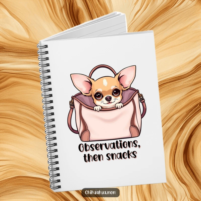 Funny Curious Chihuahua Notebook with a chihuahua peeking from a stylish handbag on the cover, ideal for jotting funny notes.