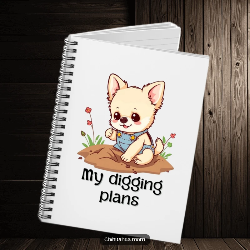 Funny notebook cover with a fluffy chihuahua in tiny overalls, happily digging a hole, inspiring determined planning and note-taking.