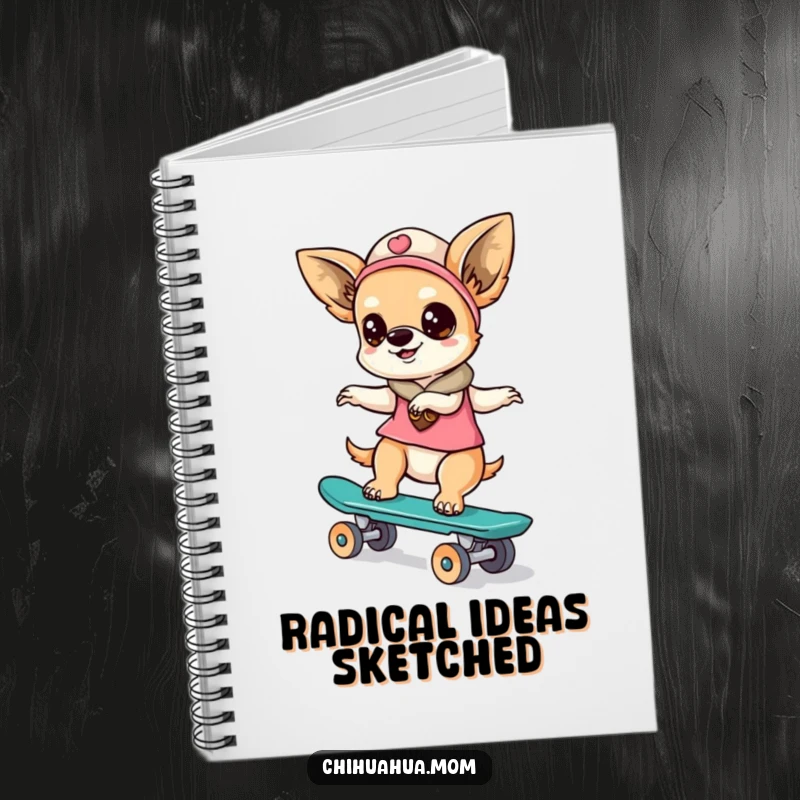 Funny kawaii chihuahua lady character writing in a notebook, surrounded by skateboard elements, a humorous scene for skaters.