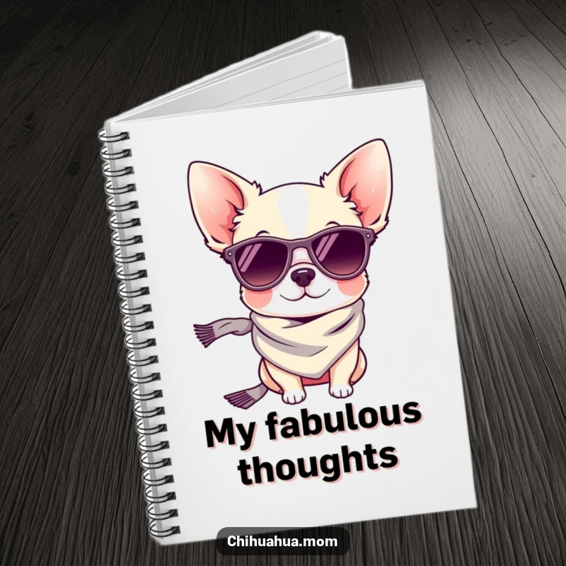 Funny notebook cover: a tiny chihuahua dog wearing trendy sunglasses and a fashionable scarf.