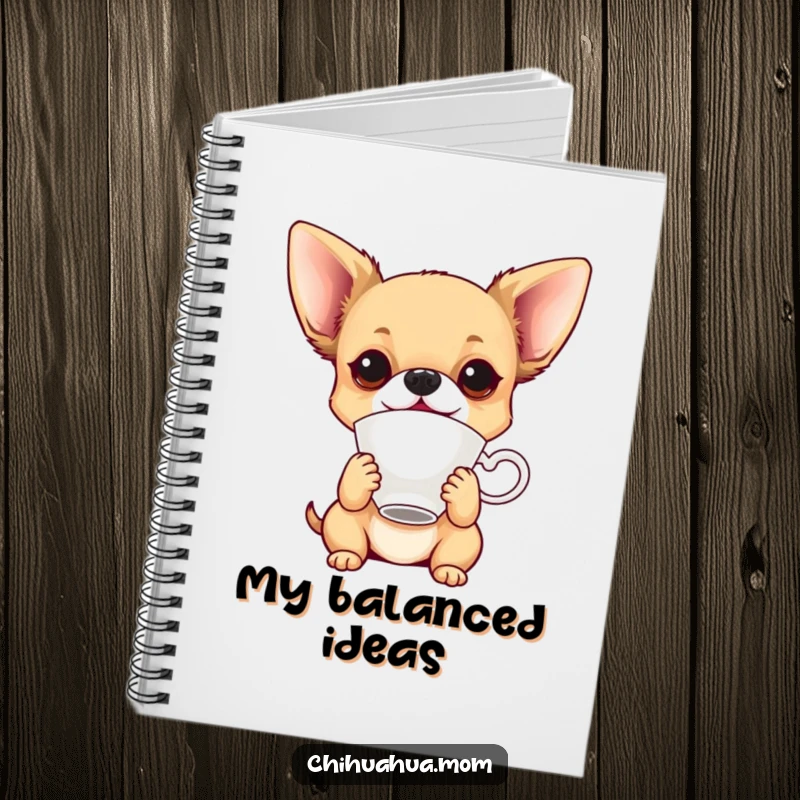 Funny playful chihuahua balancing a teacup on its nose on a notebook, ideal for jotting thoughts.