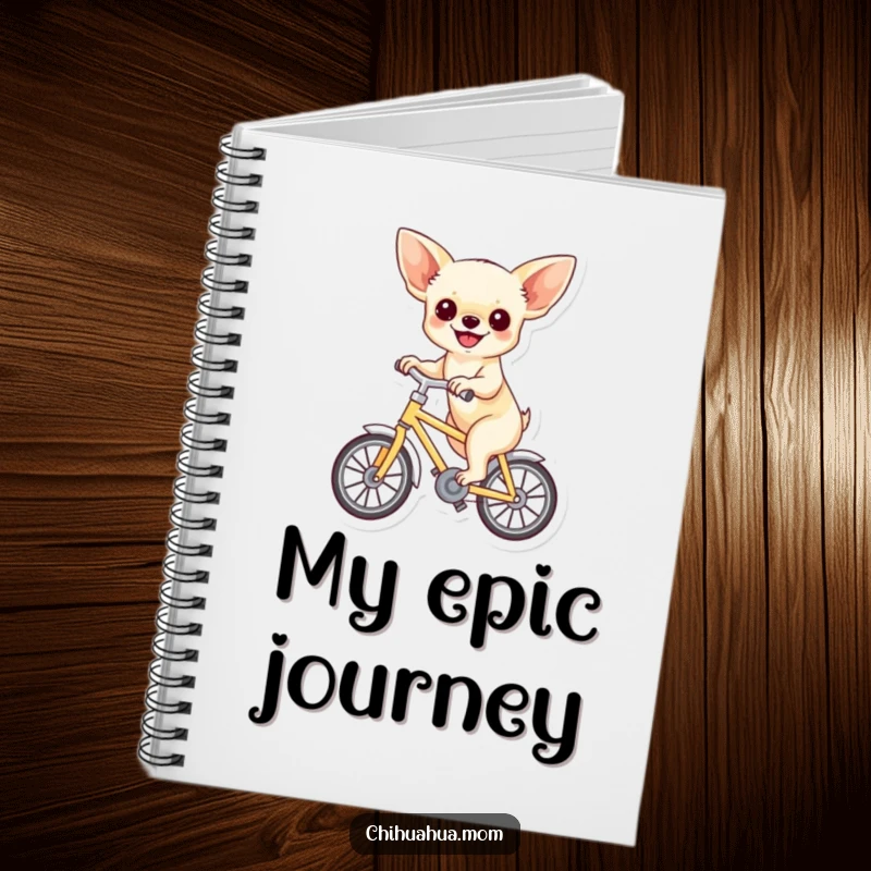 Funny notebook featuring a chihuahua joyfully riding a miniature bicycle, ideal for jotting notes with a humorous, happy theme.