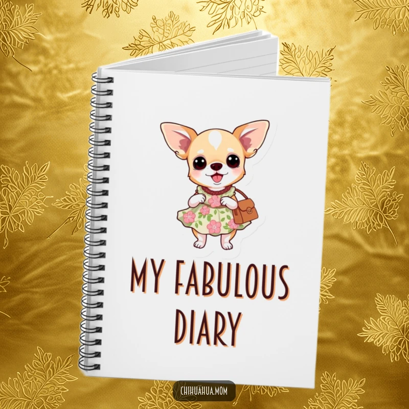 Funny notebook cover: a chihuahua dog wearing a floral dress and carrying a purse.
