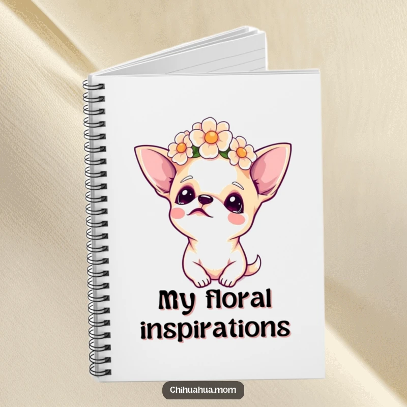 Funny Chihuahua Notebook, featuring a chihuahua with a flower crown looking upwards on the cover, perfect for journaling dreams.