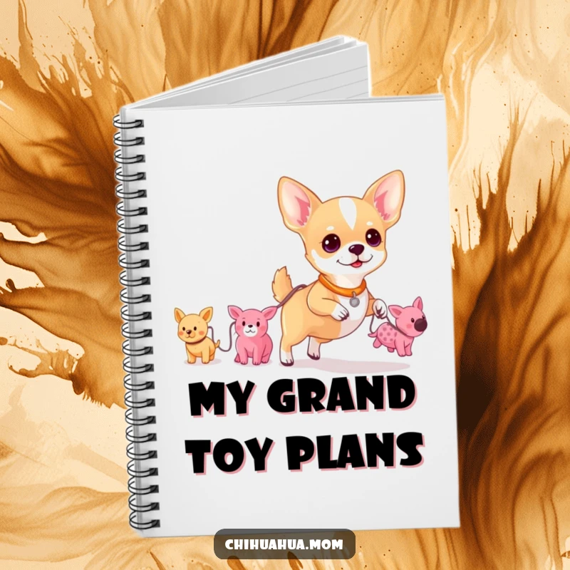 Funny notebook cover with a chihuahua walking a leash connected to a line of plush toys, perfect for jotting notes.