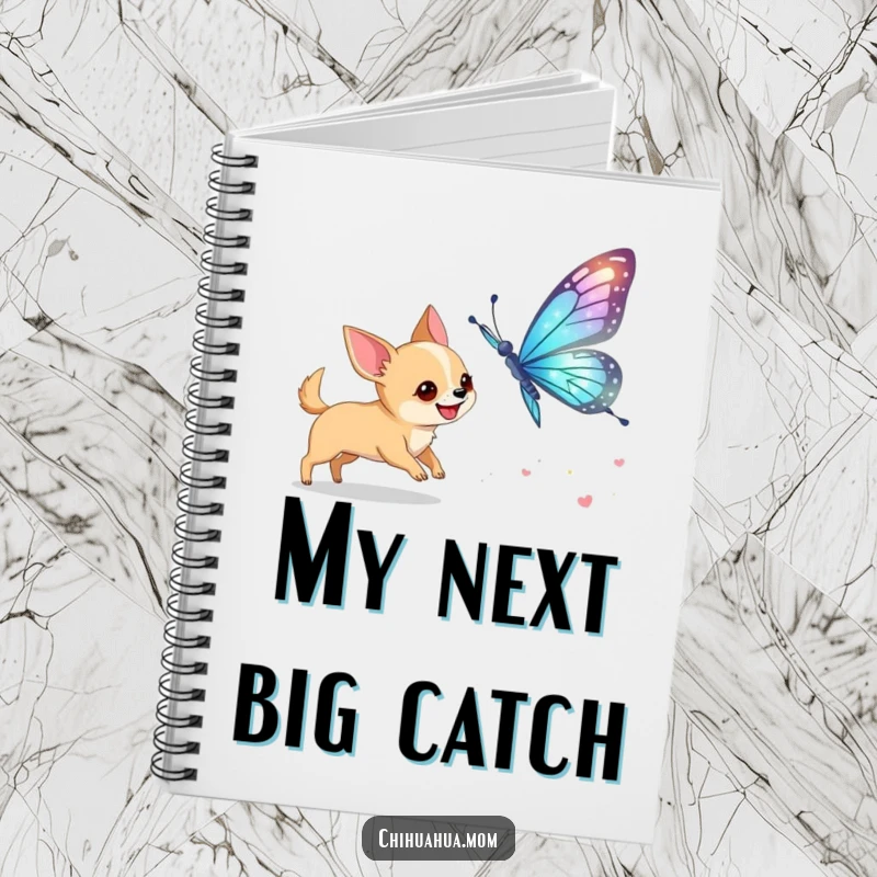 Funny Chihuahua Butterfly Notebook: A dog excitedly chases a giant butterfly. Cheerful stationery.