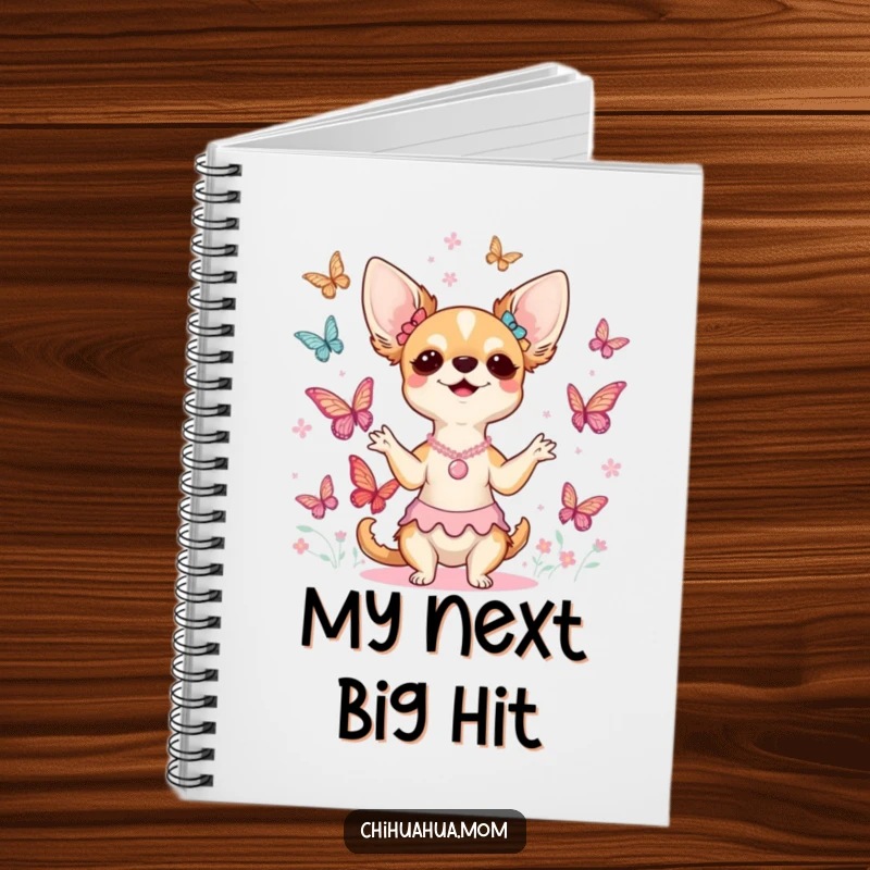Funny chihuahua lady notebook featuring her conducting a whimsical choir of butterflies, perfect for jotting down creative ideas and musical notes.