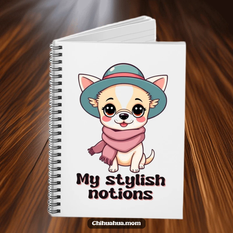 Funny Chihuahua Lady Notebook: Kawaii character elegantly dressed in a hat and scarf. Ideal funny gift for journaling.