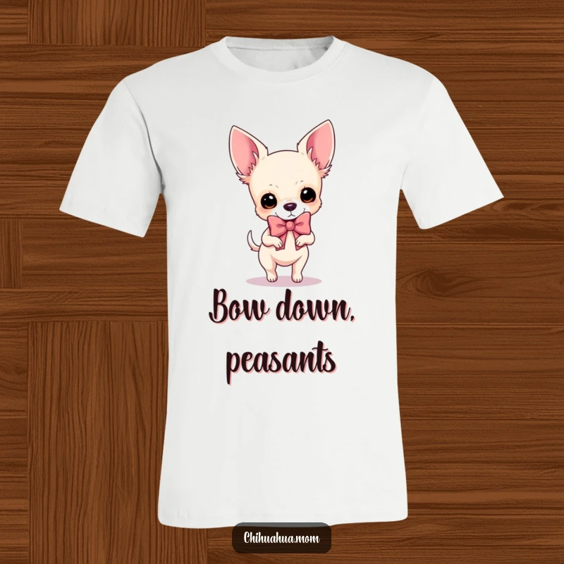 Funny Chihuahua T-Shirt: A stylish dog confidently prances with an absurdly large, eye-catching bow.