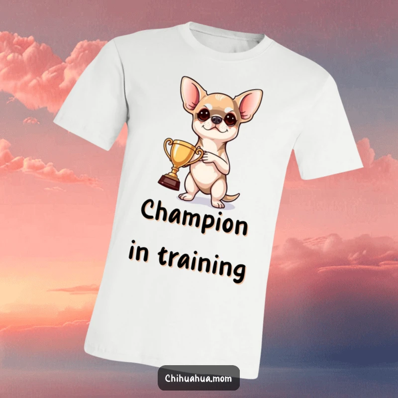 Funny T-Shirt: a determined chihuahua clutching a tiny trophy with a proud, victorious expression, ready for anything.