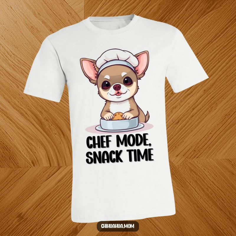 Funny Chef Chihuahua T-Shirt: A dog in a chef hat bakes a cookie. Adorable and funny gift.