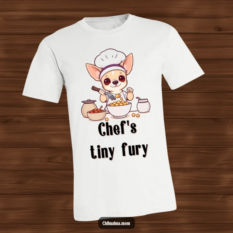 Funny graphic tee: a chihuahua dog dressed as a chef, enthusiastically whisking a bowl of small treats.