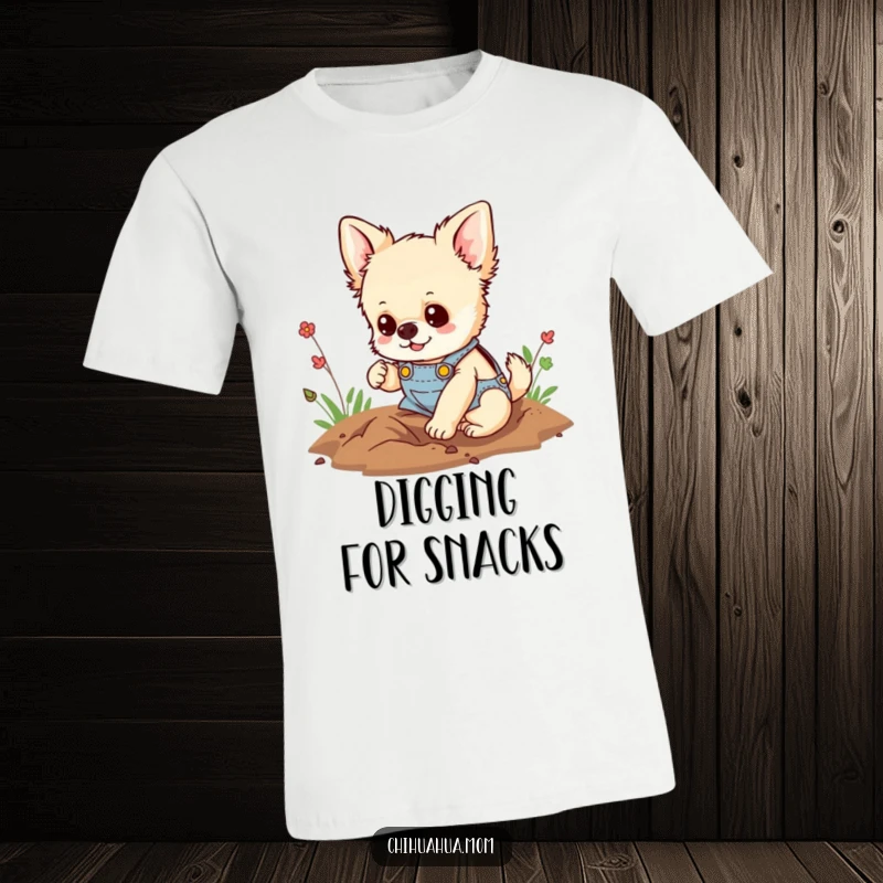 Funny t-shirt depicting a fluffy chihuahua in small overalls, happily digging a hole with focused determination, exuding playful energy.