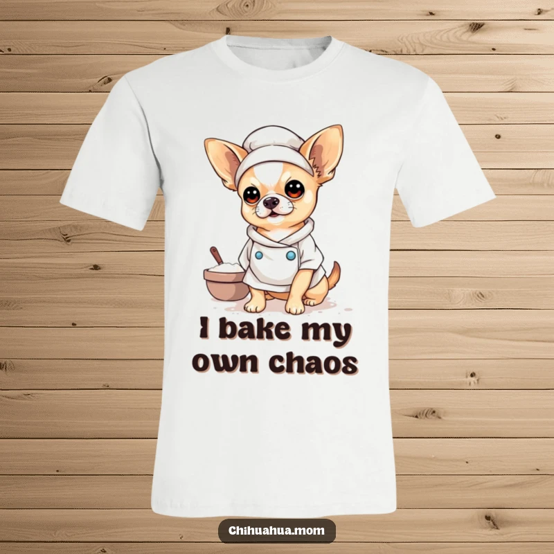 Funny Baker Chihuahua T-Shirt featuring a charming chihuahua dusted in flour, proudly showing off its baking skills with humor.