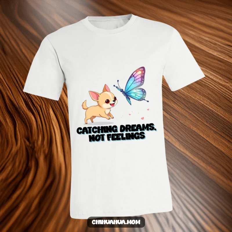 Funny Chihuahua Butterfly T-Shirt: A dog excitedly chases a giant butterfly. Adorable and funny gift.