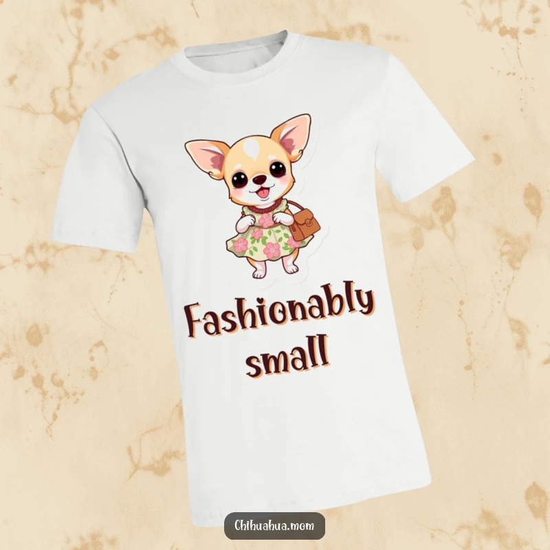 Funny graphic tee: a chihuahua dog wearing a pretty floral dress and posing with a handbag.