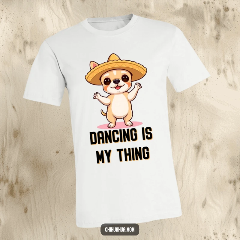 Funny Chihuahua Flamenco T-Shirt: A cute chihuahua wearing a sombrero is captured mid-flamenco dance, full of fiery energy.
