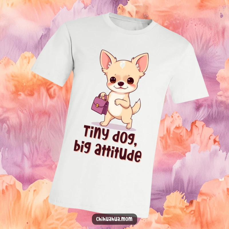 Funny t-shirt showing a chihuahua carrying a tiny handbag with a determined expression, embodying fashionable canine confidence and humor.