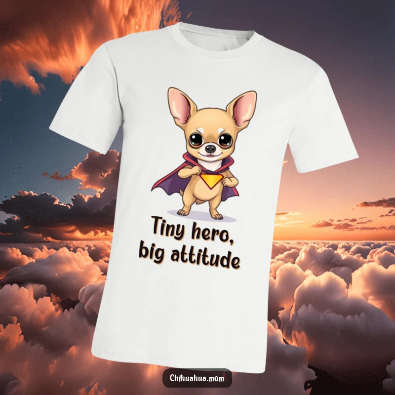 Funny Chihuahua Superhero T-Shirt showcasing a confident chihuahua in a heroic cape, ready to save the day with humor.