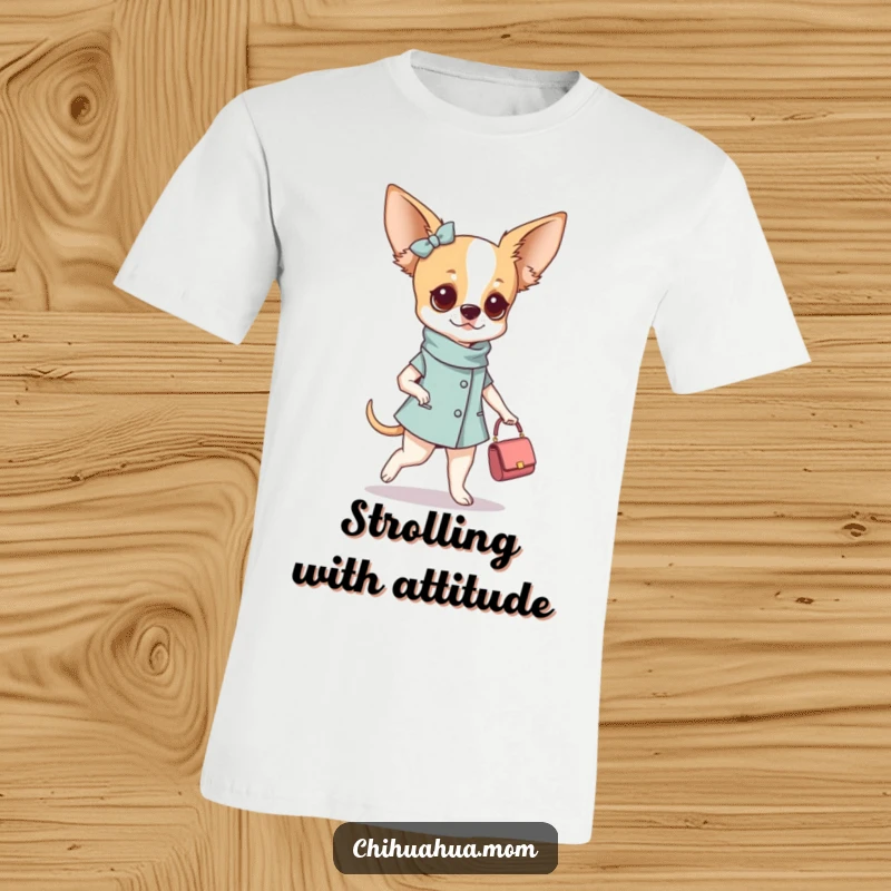Funny fashionable chihuahua woman t-shirt designed for strutting with a tiny purse, exuding confidence and high fashion with a playful grin.