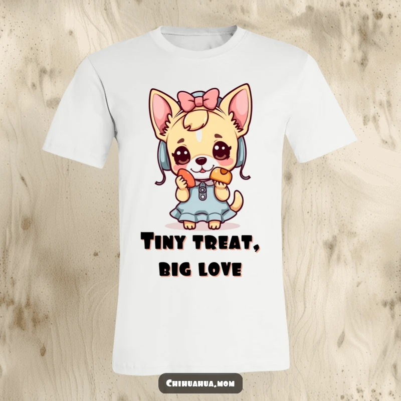 Funny Kawaii chihuahua lady t-shirt featuring a cute character offering a tiny treat, a symbol of sweetness.