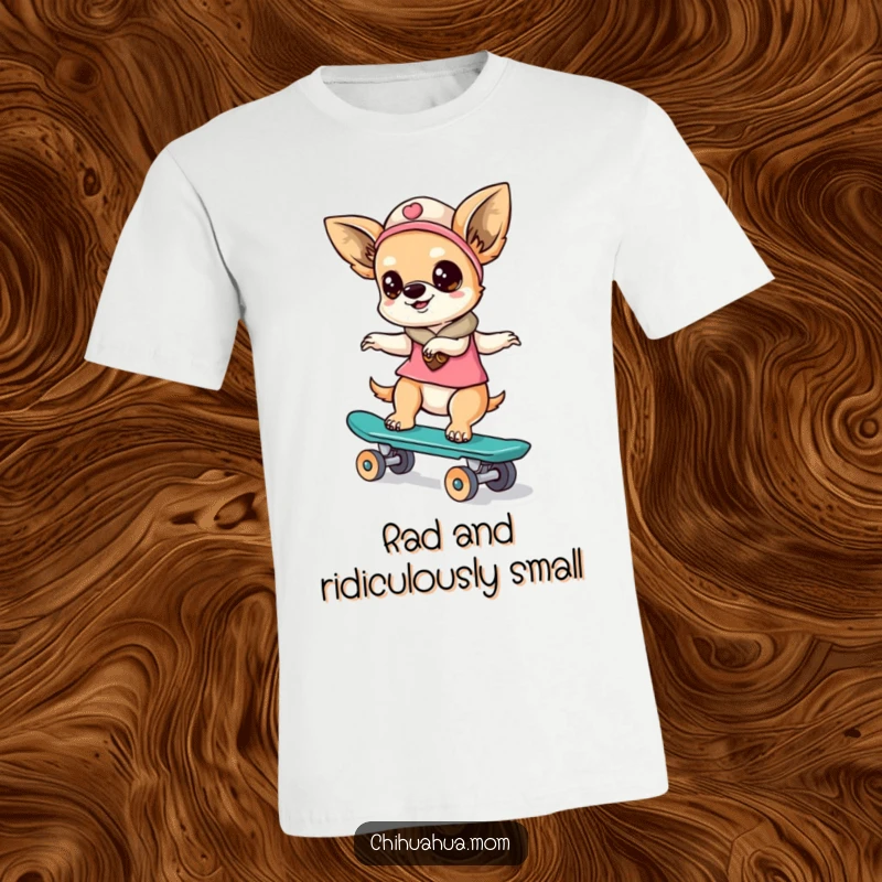 Funny kawaii chihuahua lady character performing a trick on a tiny skateboard, captured on a humorous t-shirt.