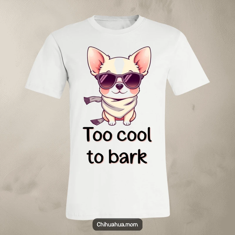 Funny graphic tee: a small chihuahua dog sporting stylish sunglasses and a fashionable scarf.