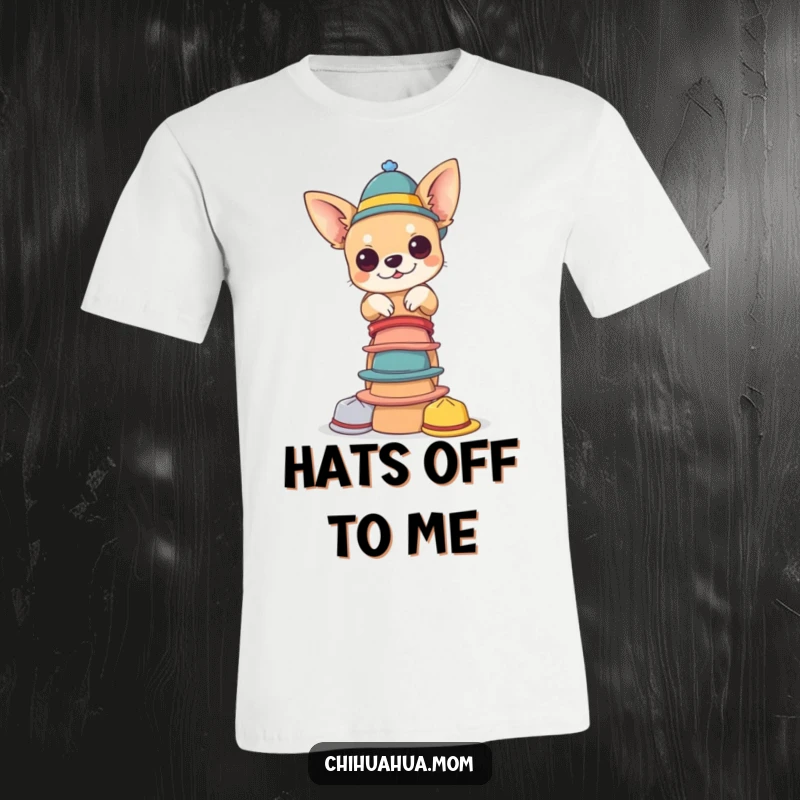 Funny chihuahua hat t-shirt. A happy chihuahua expertly balances a precarious pile of small, colorful hats, showing off its quirky charm.