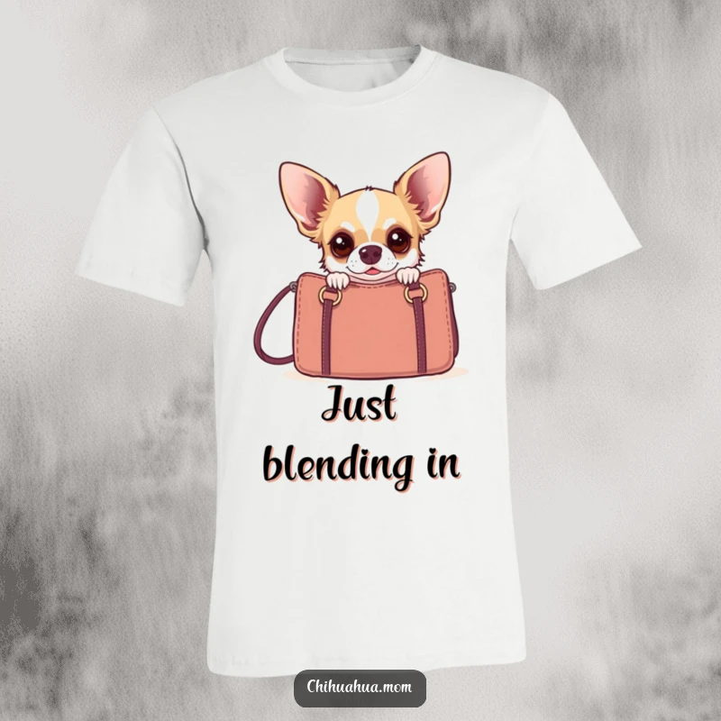 Funny chihuahua peeking with wide eyes from behind a designer handbag on a comfortable graphic tee.