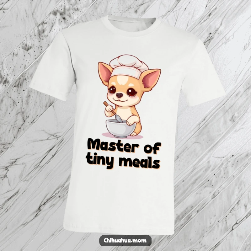 Funny Chihuahua T-Shirt, sporting a chef hat and stirring a small bowl, a humorous and stylish piece of kitchen apparel.