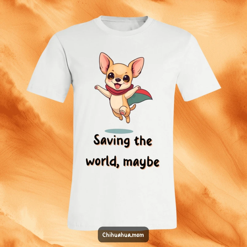 Funny Chihuahua T-Shirt: Energetic dog in superhero cape leaping heroically, playful pet apparel, canine crusader.