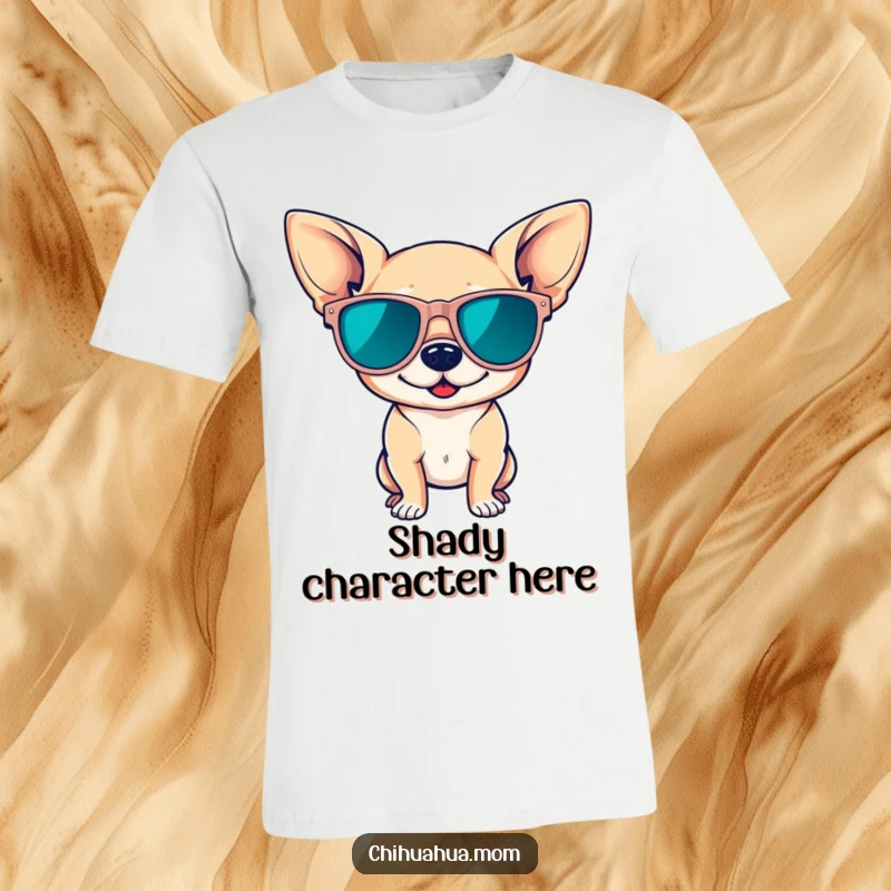 Funny t-shirt featuring a cute chihuahua wearing oversized sunglasses, striking a confident pose, embodying cool swagger and undeniable charm.