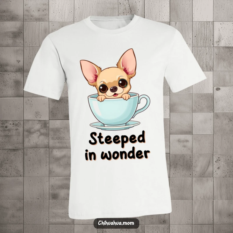 Funny Chihuahua Teacup T-Shirt: A curious chihuahua peeks from a giant teacup with wide eyes, cute and funny graphic.