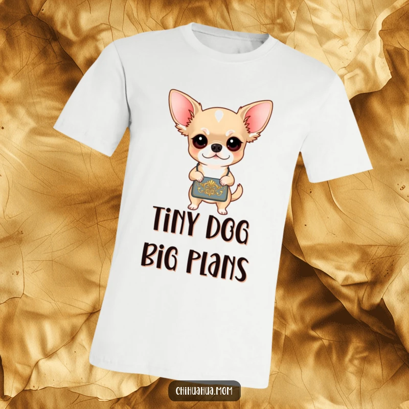 Funny Chihuahua Handbag T-Shirt: A determined chihuahua proudly carries a small ornate handbag, showcasing her diva attitude. Ideal funny gift.