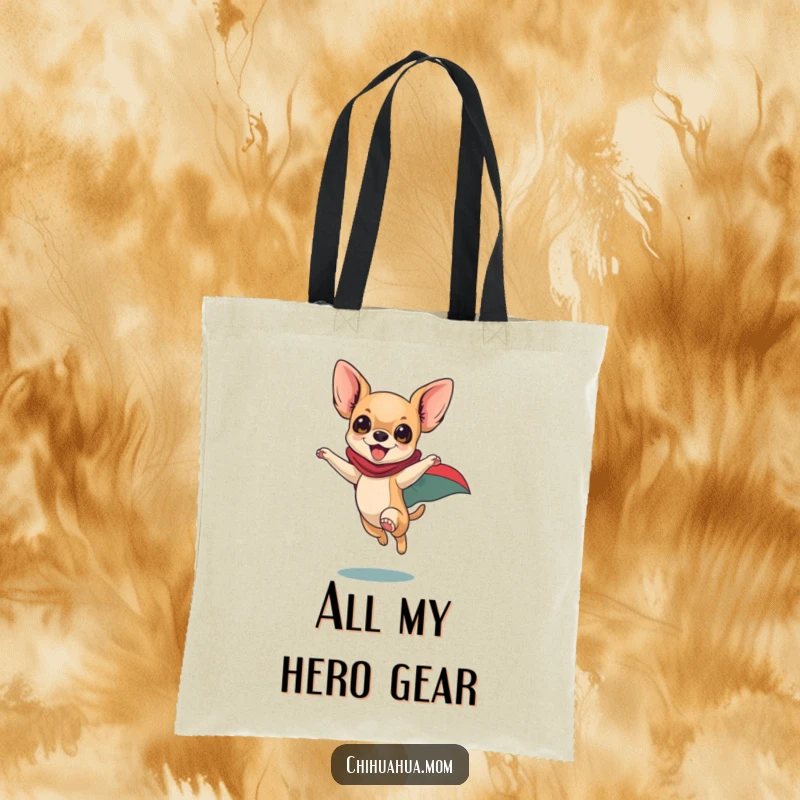 Funny Chihuahua Tote Bag: Playful dog in superhero cape leaping energetically, stylish pet accessory, heroic shopper.