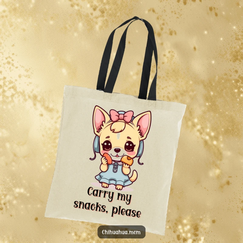 Funny Kawaii chihuahua lady tote bag with a cute character offering a treat, ideal for shopping.